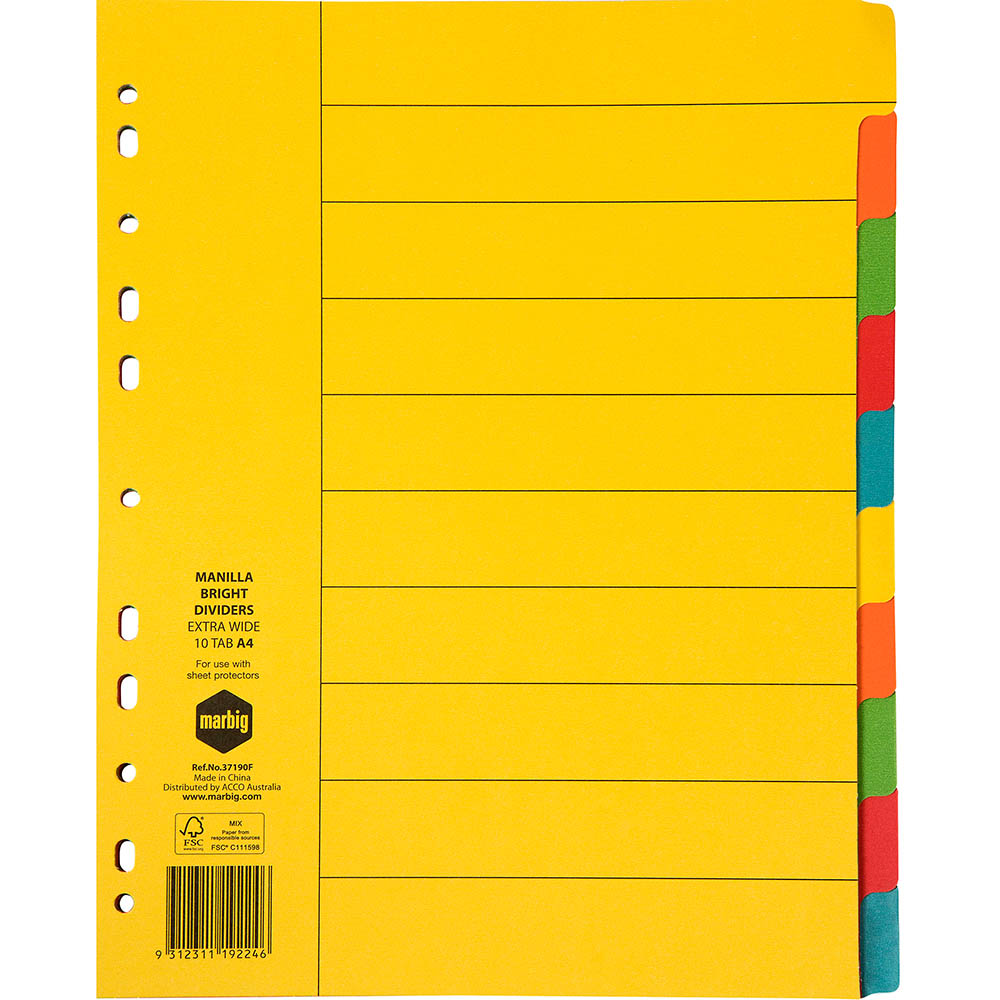 MARBIG EXTRA WIDE DIVIDER MANILLA 10TAB A4 BRIGHT ASSORTED
