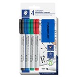 STAEDTLER LUMOCOLOR WHITEBOARD COMPACT BULLET POINT MARKER PLUS ERASER ASSORTED PACK 4